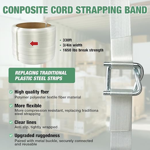 Banding Strapping Kit with 3/4" x 330 ft Composite Cord Band 100 Galvanized Wire Buckles 50 Edge Protectors Tensioner Tool Glove for Pallet Box Packaging