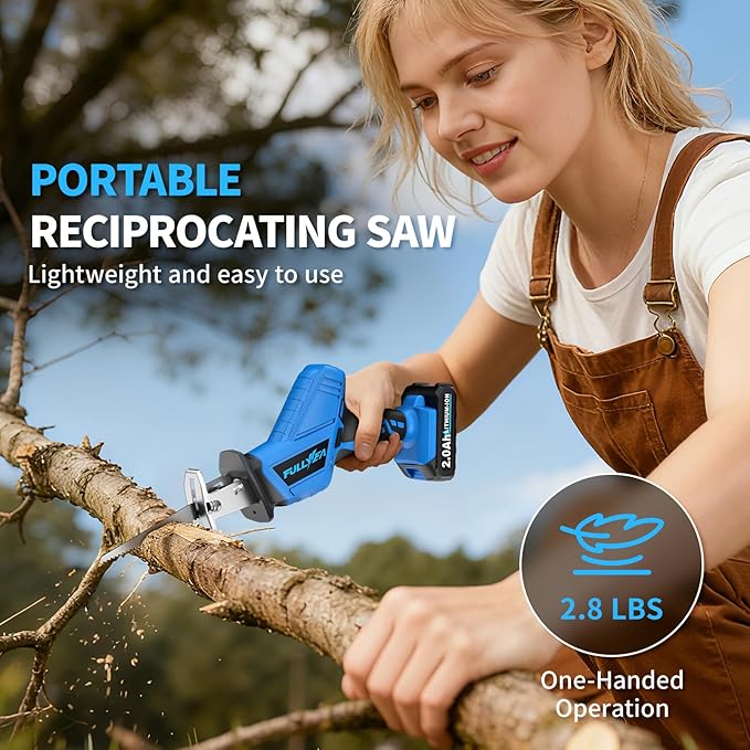 FULLYEA Reciprocating Saw Cordless, 0-3500SPM Variable Speed Reciprocating Saws with 4 Saw Blades, Tool-Free Blade Change, Electric Reciprocating Saws for Woods/Metal/Plastic Cutting,Blue