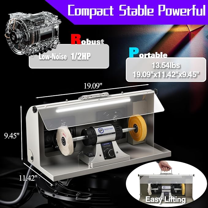 Jewelry Polisher - Adjustable Variable Speed Bench Buffer Polishing & Buffing Machine, Dental Buffer & Lathe - With Dust Collector Hood, Working Light & Filter for Jewelry, Silver and Metal Polishing