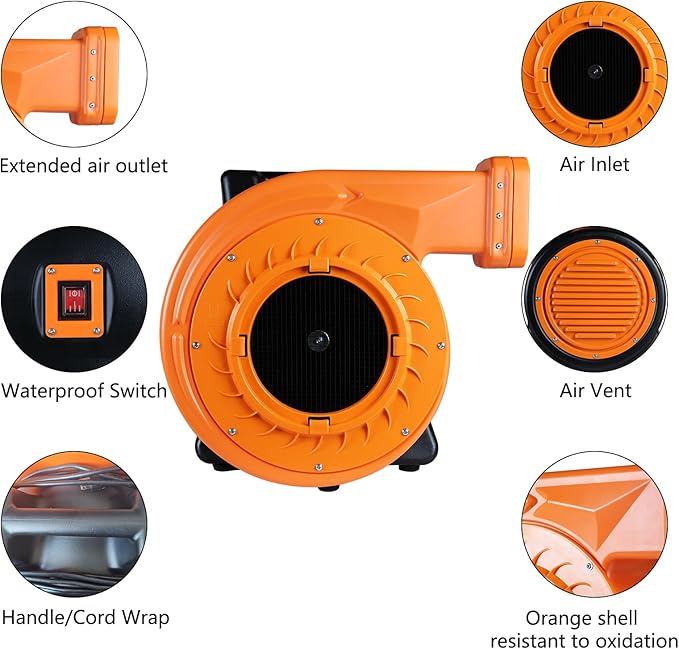 2HP Inflatable Bounce House Air Blower 1500W High Power Commercial Fan for Paint Booth, Water Slides, Castle and Jump Slides (Orange)