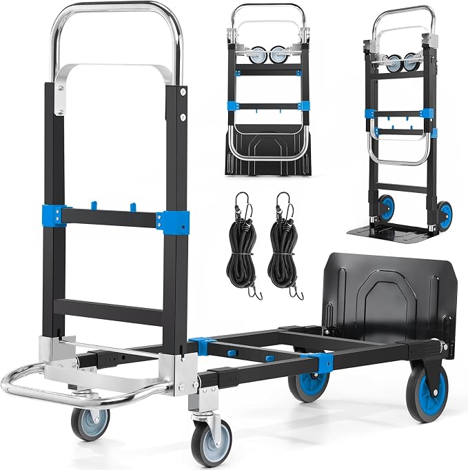 3-in-1 Convertible Heavy Duty Folding Hand Truck Dolly, 600LB Capacity with Rubber& Wheels Telescoping Handles, Portable Collapsible Cart for Warehouse, Supermarket, Office (Blue)