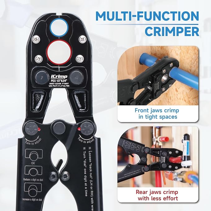 iCrimp PEX Pipe Crimping Tool, Convertible 1/2" & 3/4" Jaws | Convertible 1/2" & 3/4" jaws for tight spaces and easier rear crimping; includes GO/NO-GO gauge