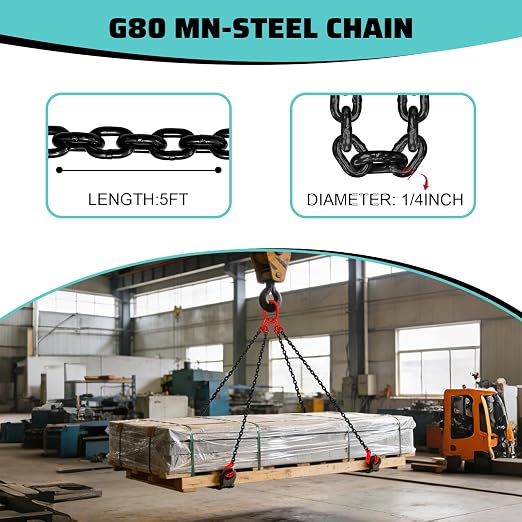3 Ton Chain Sling 1/4 Inch x 5 Ft Lifting Chains 4 Legs Industrial Grab Hooks 6600LBS Capacity Lifting Slings G80 Alloy Steel Engine Chain Hoist Lifts for Cargo Security Towing and Handling