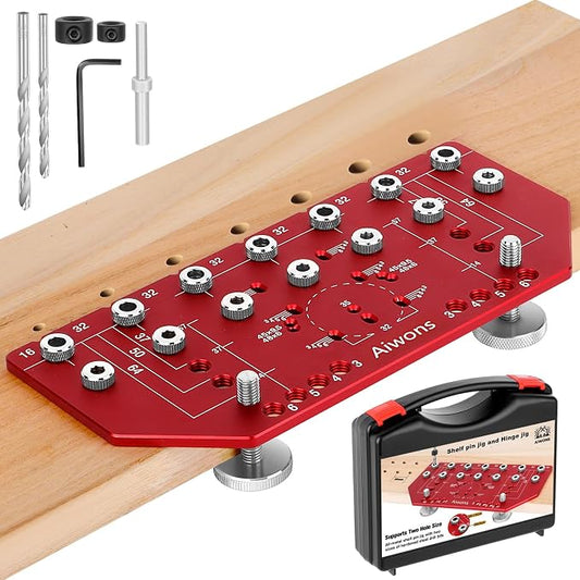 Shelf Pin Jig and Hinge Jig 2-in-1 - Aluminum Alloy Cabinet Hole Drilling Template For Woodworking - Shelf Pin Drilling Jig with 1/4" and 5mm Drill Bits - Concealed Hinge Jig for Cabinet Doors