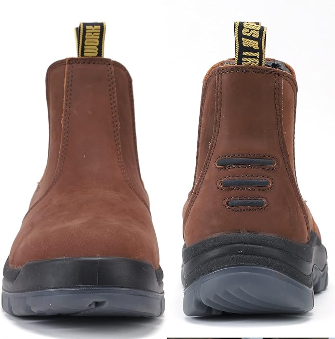 DIIG Work Boots for Men, Soft/Steel Toe Waterproof Working Boots, Slip Resistant Anti-Static Slip-on Safety EH Working Shoes 6 8 9 10 11 12 13 (Brown)