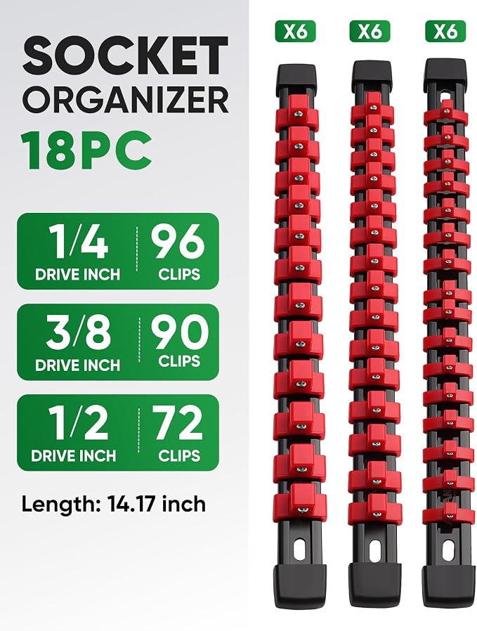 ALOANES 18PC Socket Organizer, Socket Rails Fit 1/2", 1/4" and 3/8" Drive | Heavy Duty ABS Socket Holders Hold up 258 Sockets for Mechanics Toolbox Drawer Bags(Red)