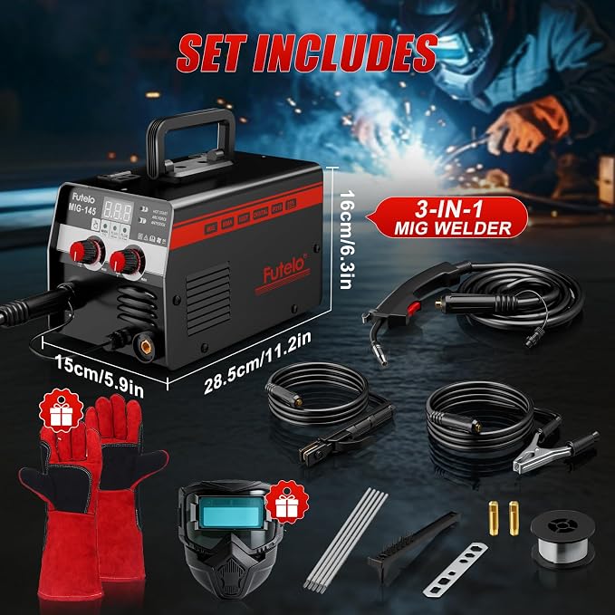 145A MIG Welder, 3 in 1 Flux Core Lift TIG Stick Welding Machine 110V IGBT Inverter Wire Feed Welder with Synergy Control, Welding Helmet and Gloves