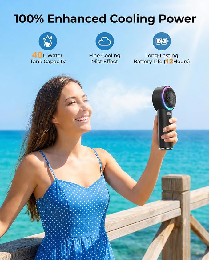 Portable Fan with Mist, Handheld Fan with 1-199 Speed, AC-Level Ice Cooling Personal Fan, 26000 RPM Powerful Turbo Fan, 40ml Water Tank & 5000mAh Battery Mini Fan for Travel, Makeup, Camping, Outdoors