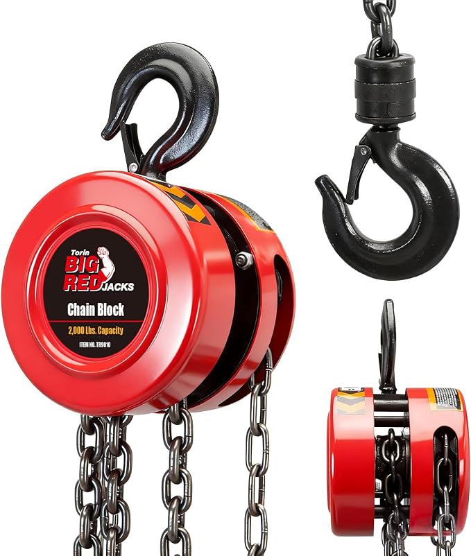 Big RED 1 Ton Hand Chain Hoist, 2000 Lbs Capacity, 8 ft Lift, Manual Chain Block with Safety Hooks for Warehouse, Automotive, Industrial Use