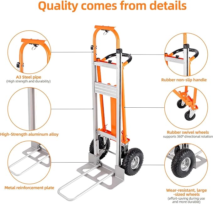 3 in 1 Heavy Duty Hand Truck, 1000 lbs Folding Dolly with 4 Pneumatic Wheels, Portable Aluminum with Telescoping Flatbed Hand Truck for Luggage, Travel, Moving, Shopping, Office Use