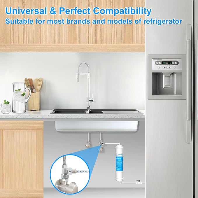 Inline Water Filter Kit for Refrigerator and Ice Maker + Lead-Free Add-A-Tee Valve 3/8 Inch x 3/8 Inch x 1/4 Inch,1/4 Turn,Brass Angle Stop Valve Adapter for Reverse Osmosis Water Filters,Ice Maker