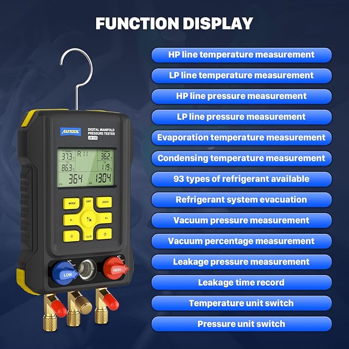 AUTOOL AC Manifold Gauge Set, Incl. 2X Pipe Clamp Thermometer, 1x Digital HVAC Gauge, Set of 3 Hoses – AC Gauge Set, with Evacuation Mode, Refrigerant Mode and Pressure Leak Test