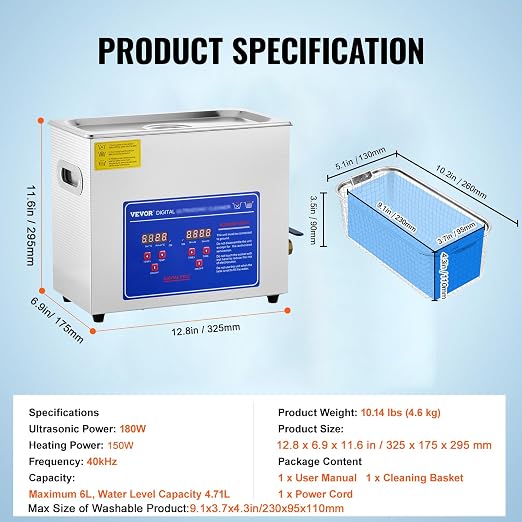 VEVOR 6L Commercial Sonic Cleaner, 40kHz Professional Cleaning Machine with Digital Timer & Heater, 110V - Ideal for Watches, Instruments, and Industrial Parts, FCC/CE/RoHS Certified | with Digital Timer and Heater, 110V, for Watch, Instruments, and In...