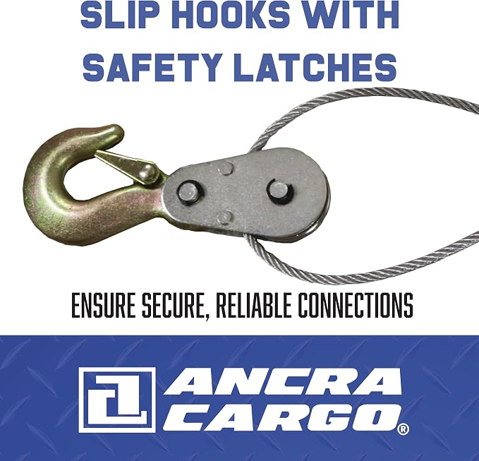 Ancra Cargo Cable Puller, Double Line 2-Ton Standard, 3/16" Aircraft Grade Galvanized Steel Cable with Pulley Block, Drop-Forged Steel Slip Hooks with Included Safety Latch