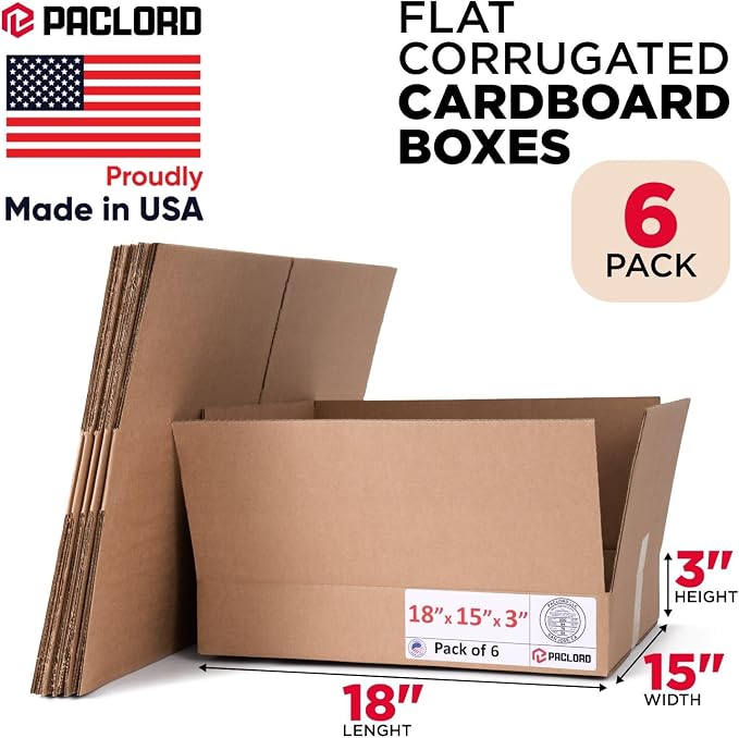 Flat Cardboard Boxes 18"L x 15"W x 3"H (Pack of 6) - USA-Made Packing Boxes for Moving, Shipping, or Storage - USPS, UPS, FedEx Approved - Professional Packing Supplies for Moving | USA-Made Packing Boxes for Moving, Shipping, or Storage - USPS, UPS, F...