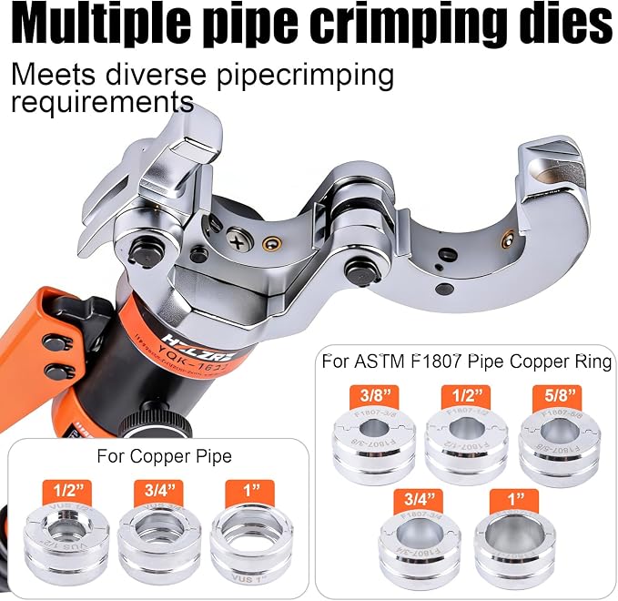 HZLZRZ Pro Press Copper and PEX Pipe Crimper Kit: 8 dies Set with Dies for 1/2" 3/4" 1" Copper Pipe ASTM F1807 PEX Copper Rings (5 Sizes 3/8" to 1"), Professional Tool for Plumbing Systems(YQK/1632B)