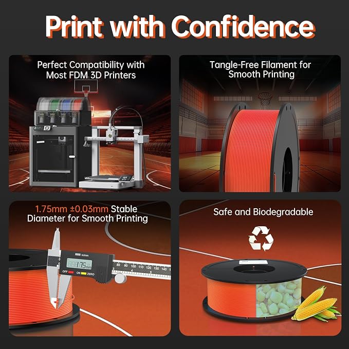 BIQU PLA-HR Flexible 3D Printer Filament Specifically for Printing Airless Basketballs, 1.75mm 1KG Spool (2.2lbs), Flexi Tough Filament Compatible with Most FDM 3D Printer (Orange)