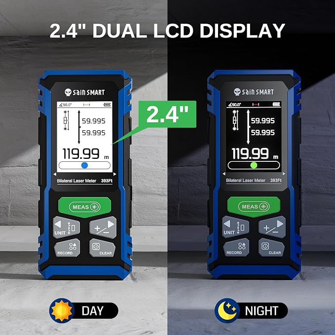 SainSmart Dual Laser Measuring Tool, 393Ft Green Bilateral Distance Meter with Backlit LCD, Rechargeable, Multi-Unit, Electronic Level, Length/Area/Volume/Angle Sensor/PC Data Transfer, Laser Class 2