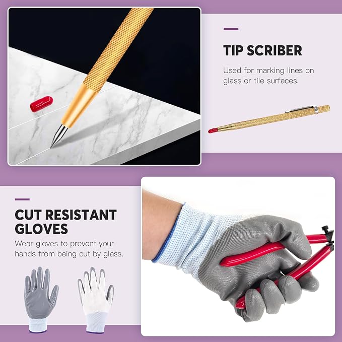 Swpeet 10Pcs Glass Cutter Tools Kit, Mosaic Wheeled Glass Tile Nippers, Glass Running Pliers, Breaker Grozer Pliers, Tungsten Carbide Tip Scriber, Grip Oil Feed Glass Cutter, Gloves, Zipper Bag