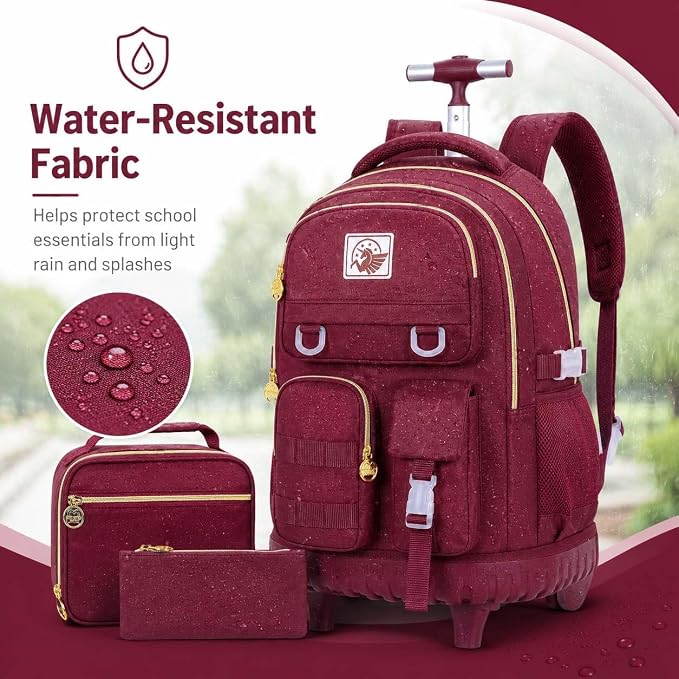 CCJPX Rolling Backpack for Girls, 21 inch Women Roller Wheels School Bookbag, Laptop Wheeled Water Resistant Wheeled Bookbag Set - Red