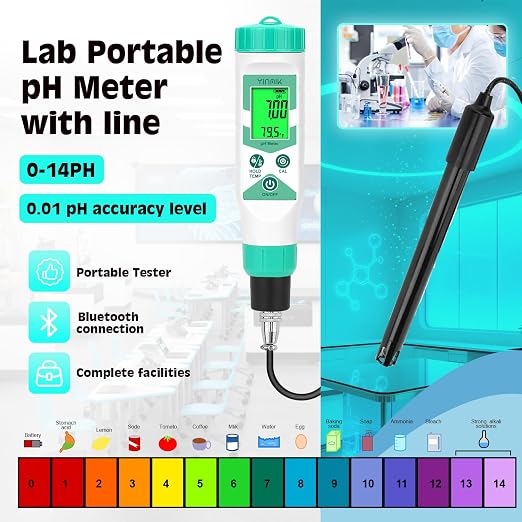 Smart pH Meter for Laboratory, Digital pH Tester, Accurate Hydroponic pH Test Kits, pH Meter with line for Pool Aquarium Water Treatment Accurately Measure and Monitor pH in Wide Range of Media