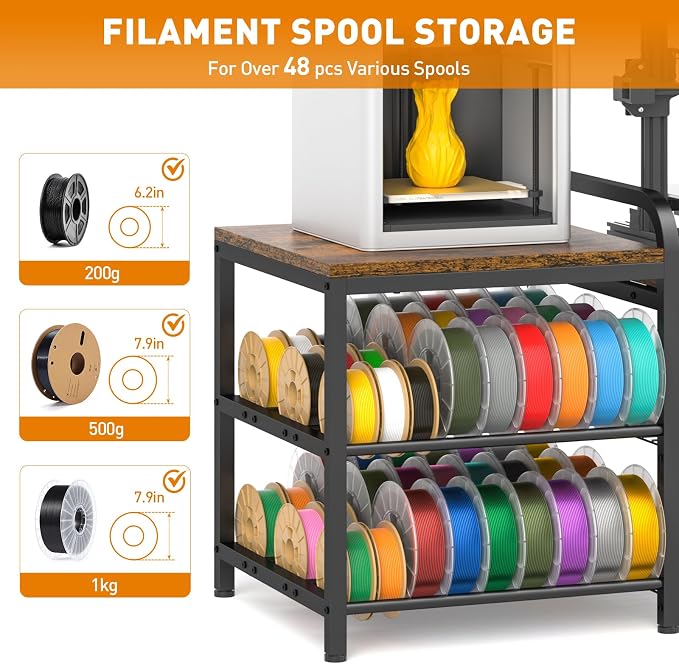 ikkle 3D Printer Table with Filament Storage Rack, Heavy Duty 3D Printer Stand with Power Outlet, 4-Tier 3D Print Desk & Filament Organized for Home Offices, Workshop, Studio (Brown)