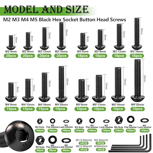 mxuteuk 2040PCS Metric Screws Nuts and Bolts Assortment Kit,M2 M3 M4 M5 M6 Machine Screws,Black Zinc Plated Hex Socket Button Head & Phillips Pan Head Screw for 3D Printing,DIY Projects