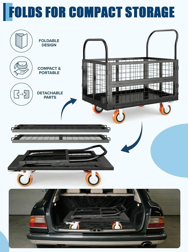 6-in-1 Collapsible Platform Truck Cart – Heavy Duty 1800lbs Capacity – Cage Design – 4 Caster Wheels (2 Locking) – Versatile Flatbed Hand Truck for Warehouse, Garage, Laundry, Grocery