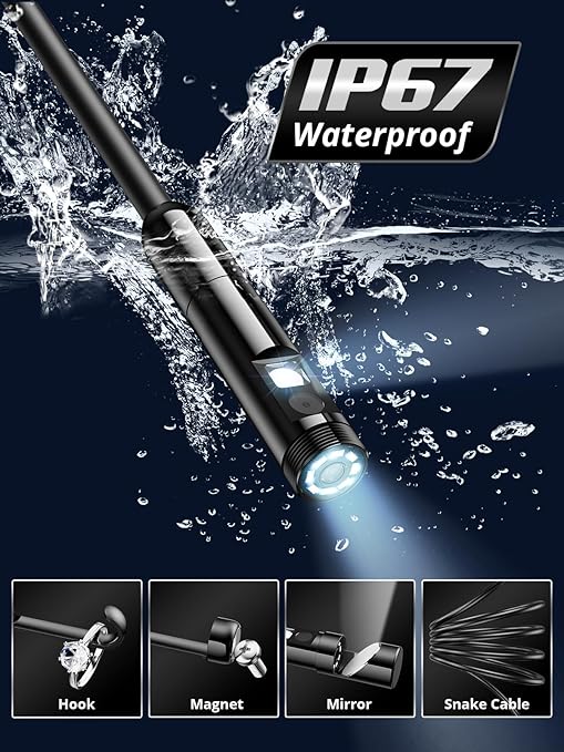 Acoath Endoscope Camera with Light, Dual-Lens 1920P HD Borescope with 8 Adjustable LED Lights, IP67 Waterproof Boroscope Inspection Tools, 9.8ft Semi-Rigid Snake Camera for iOS & Android