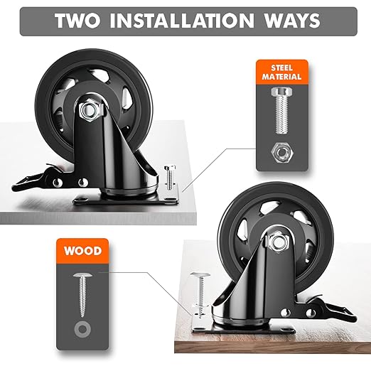 YUPEZOP 5 Inch Swivel Caster Wheels, Set of 4 Heavy Duty, Locking Industrial Casters with Brake, Black, Stainless Steel, Polyurethane, Double Safety Brakes and 360 Swivel for Maximum Flexibility