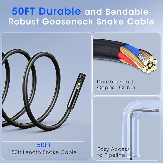 Triple Lens Borescope with 5" IPS Screen, 1920P HD Inspection Endoscope Camera with 50FT Semi-Rigid Snake Cable & 32GB Card, IP67 Waterproof Plumbing Camera for Sewer/Automotive/Drain Pipe