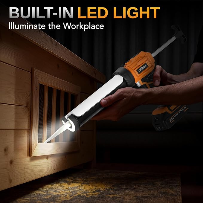 This Hill Cordless Electric Caulk Gun, 10oz Dripless Silicone Hand Caulking Gun with 2 x 2000mAh Batteries, 4 Adjustable Speeds, Built-in LED Light, 9Pcs Caulking Tool Kit for Sealing Filling