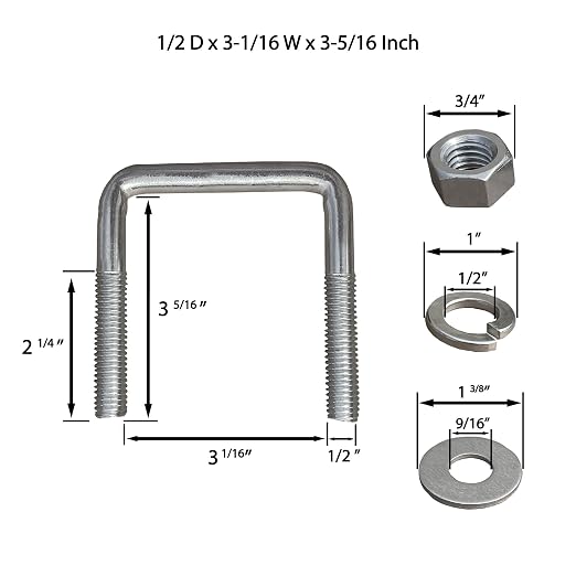 A.A Square U Bolt with Hardware for Boat Trailer, Galvanized Steel, 1/2" Diameter x 3-1/16" x 3-5/16" for 2x3 Beam (8 Pack)