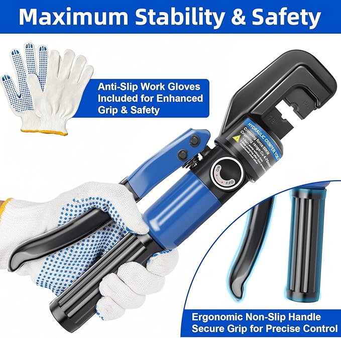 10 Ton Hydraulic Crimper, YQK‑70 Crimping Tool, 12–2/0 AWG, 1/8" 3/16" Dies for Stainless Steel Cable Railing, Battery Cable Terminal Lug Crimping Pliers