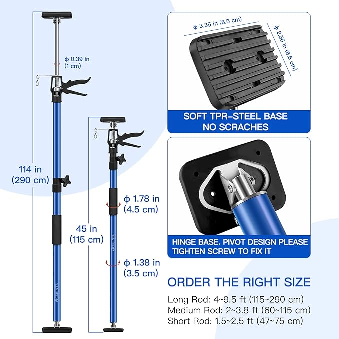 2PK Support Pole,Steel Telescopic Quick Adjustable 3rd Hand Support System, Support Rod, Supports up to 154 lbs Construction Rods for Cabinet Jacks Cargo Bars Drywalls Extends from 50 Inch to 118 Inch