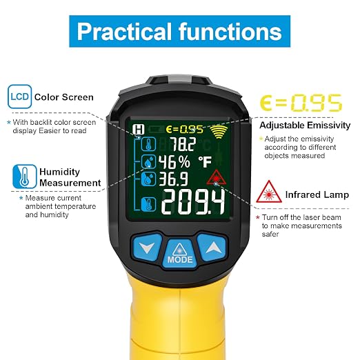 Infrared Thermometer Temperature Gun, -58°F to 1472°F, Digital Laser Thermometer Gun with Probe for Cooking, Pizza Oven, Grill & Engine, IR Thermometer Temp Gun with Adjustable Emissivity & Humidity