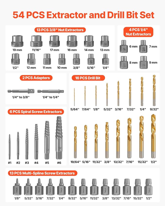 VEVOR Bolt Extractor Kit, 54 Pieces Easy Out Screw Extractor Set, Left Hand Drill Bit Set, Multi-Spline Extractors, for Removing Damaged, Stripped, Broken, Rusted, Rounded-Off Bolts, Nuts & Screws