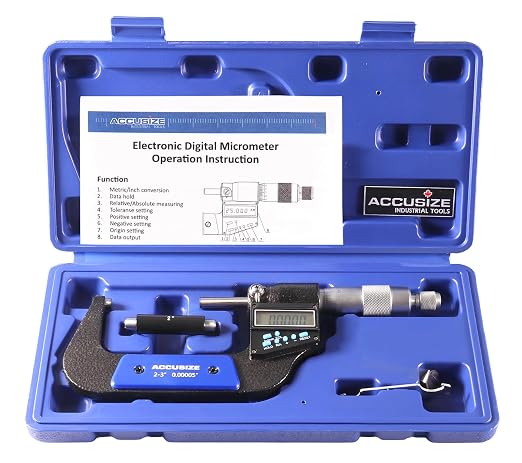 Accusize Industrial Tools 2-3''/50-75 mm by 0.00005''/0.001 mm 7-Key Electronic Digital Micrometer, Water Proof, Ac21-3022 | IP54 Rated, 0.00005"/0.001 mm Resolution, 7-Key, ±0.002" Accuracy