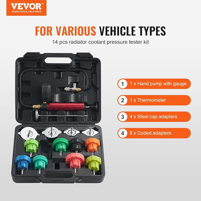 VEVOR Automotive Cooling System Radiator Pressure Tester Kit, 14 pcs Radiator Pressure Tester Kit with Manual Pump and Color-Coded Steel Test Cap Adapters, for Cars Motorcycles Trucks Cooling System