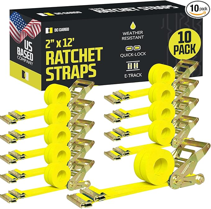 DC Cargo Mall E Track Ratchet Straps Cargo Tie-Downs, (Pack of 10) 2 x 12 Heavy Duty Yellow Tie-Down Rachet Straps, Strong Ratchet Strap, E Track Spring Fittings, Tie Down Motorcycle