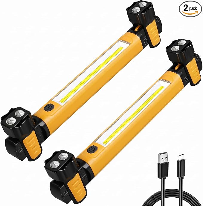 Ropelux Mechanic Work Light Bar with 2500LM 5200mAh Battery, Orange 2 Pcs | 2-Level Brightness, 7500K Cool White, 4-10 Hours Runtime, Magnetic Bases, Hooks, 360° Rotating, Rechargeable, Tool Gift
