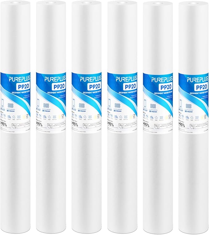 PUREPLUS 20 Micron 20" x 2.5" Whole House Sediment Home Water Filter, 20-inch Sediment Pre-Filtration, Replacement Cartridge Aqua Pure AP110-2C, Pentek P1-20/SP-P1-20/PX01-20, 6PACK