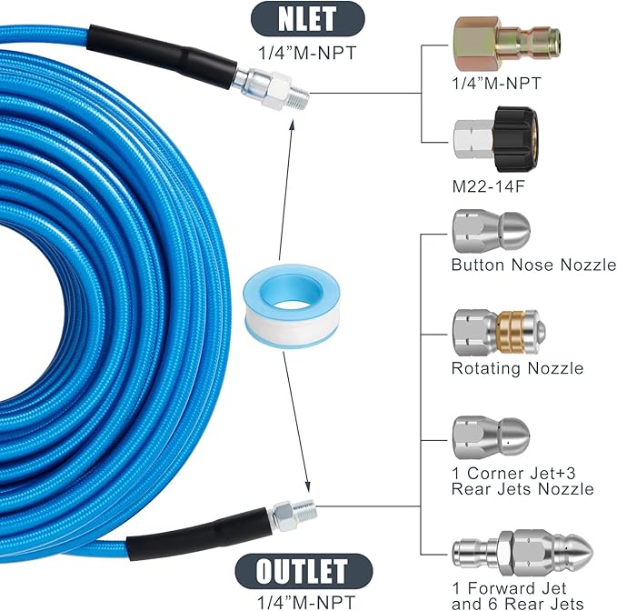 150 FT Sewer Jetter Kit for Pressure Washer, 5800PSI Water Jet Drain Cleaner Hose, 1/4 Inch NPT Corner with 4 Sewer Jetting Nozzles, Pearl Corsage Pin, Waterproof Tape, Handle Strap&2 Spanner (Blue)