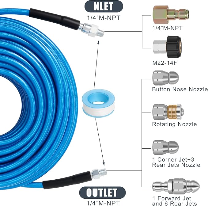 50 FT Sewer Jetter Kit for Pressure Washer, 5800PSI Water Jet Drain Cleaner Hose, 1/4 Inch NPT Corner with 4 Sewer Jetting Nozzles, Pearl Corsage Pin, Waterproof Tape, Handle Strap&2 Spanner (Blue)