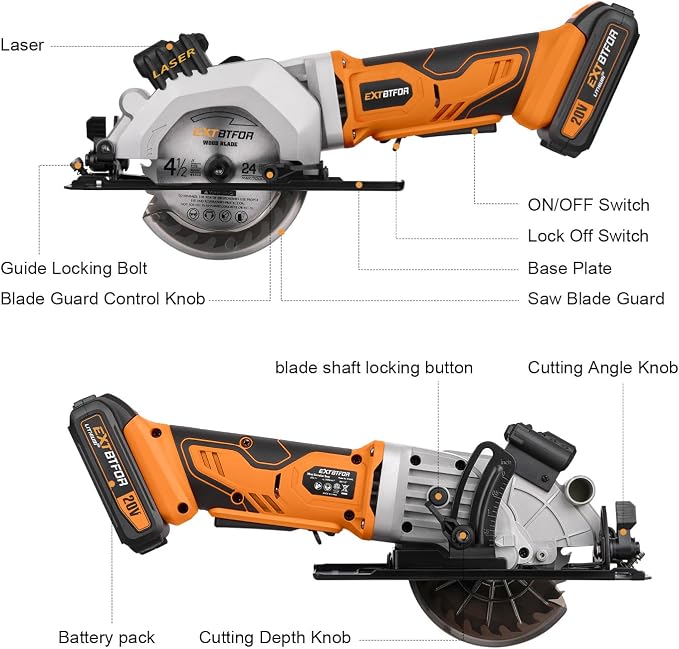 Cordless Circular Saw,2.0 Battery 3400RPM Laser Guide,45° Angle Adjustment | Extbtfor 4-1/2" Mini Circular Saw Maximum Cutting 1-11/16" at 90° and 1-1/8"at 45° for Wood, Soft Metal, Plastic