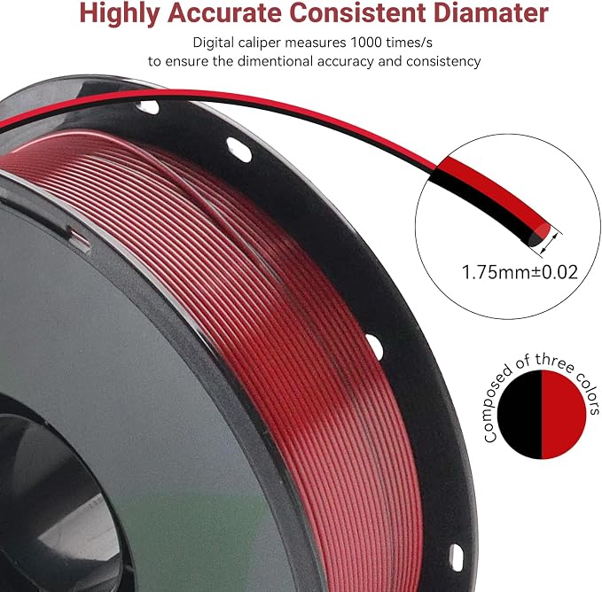 PLA 3D Printer Filament, Dual Color Silk PLA Filament, Dimensional Accuracy +/- 0.02 mm, 1 kg Spool(2.2lbs), 1.75 mm,Black Red