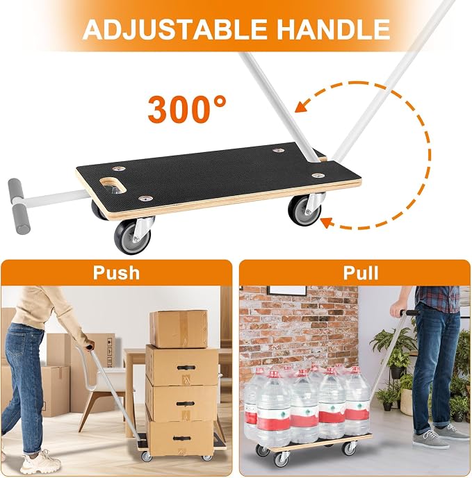 Heavy Duty Rectangle Wood Platform Dolly with Handle - 441-Lb Cap. | 3" TPR Wheels, Multifunctional Furniture & Plant Mover for Transporting Heavy Items