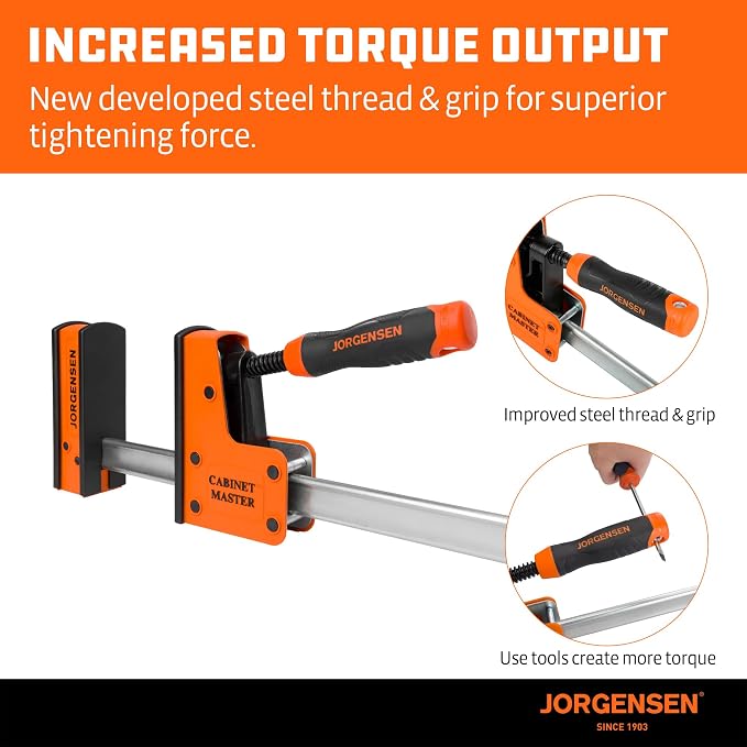 JORGENSEN 36-Inch Parallel Bar Clamps, Cabinet Master Bar Clamps, 2-Pack | Heavy-Duty Clamps for Woodworking Glue-Up, 2200 lbs Force, Quick Release, Spreader Function
