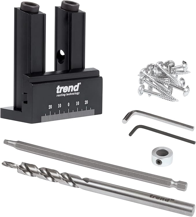 Trend Mini Twin Pocket Hole Jig with HSS Drill Bit & Depth Setting Collar, Square Drive Bit & Pocket Hole Screws Selection, PH/JIG/M