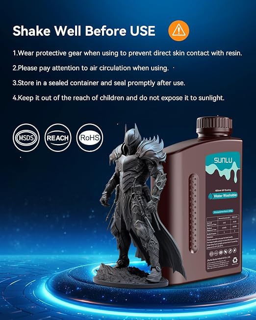 SUNLU 3kg Water Washable 3D Printer Resin, Fast Curing Low Shrinkage, High Precision Photopolymer Resin for LCD/DLP/SLA Printers,395 to 405nm UV Resin, 3000g Dark Grey